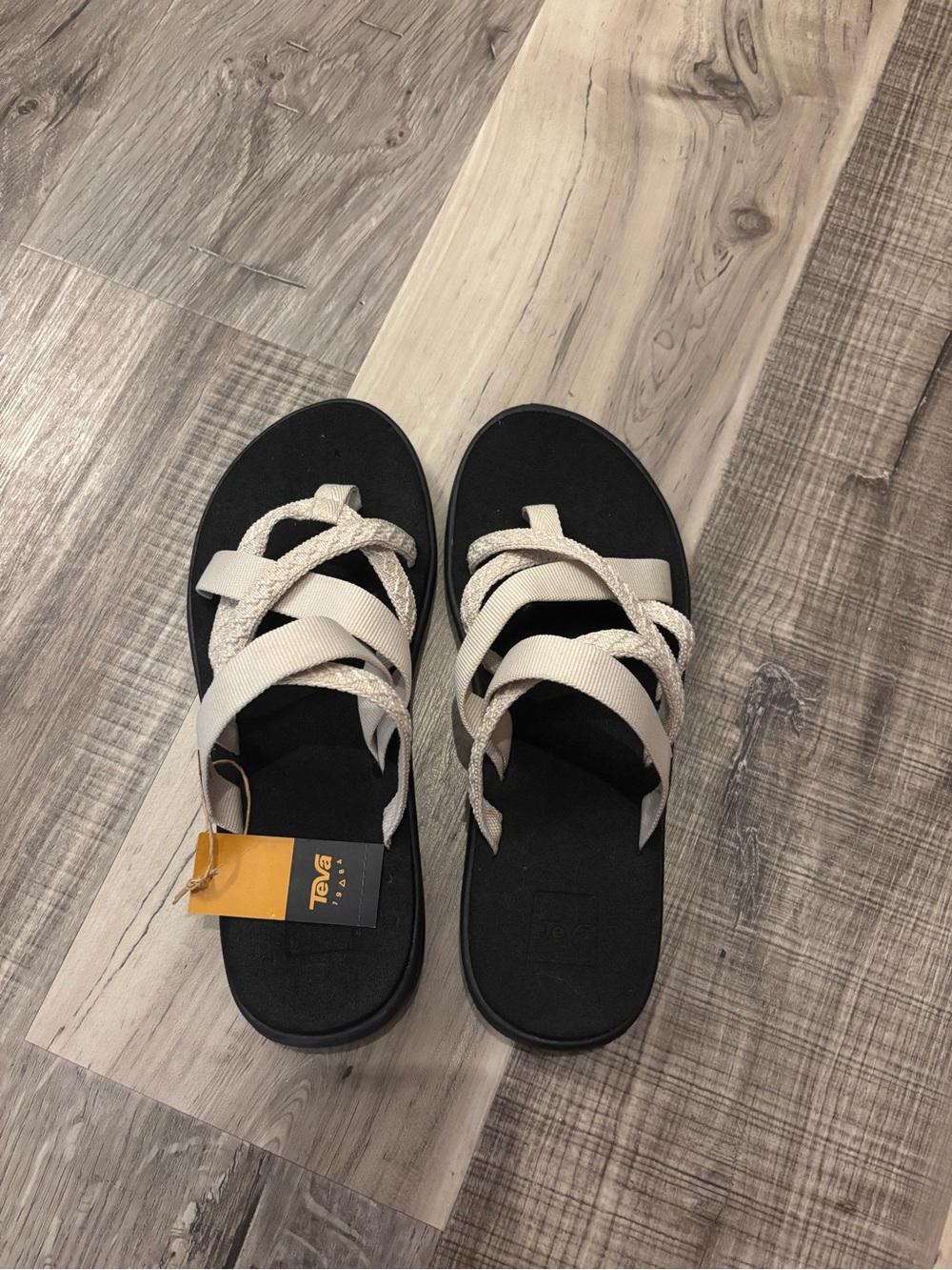 Teva Women's Black Footbed White Braided Strap Slide Sandals